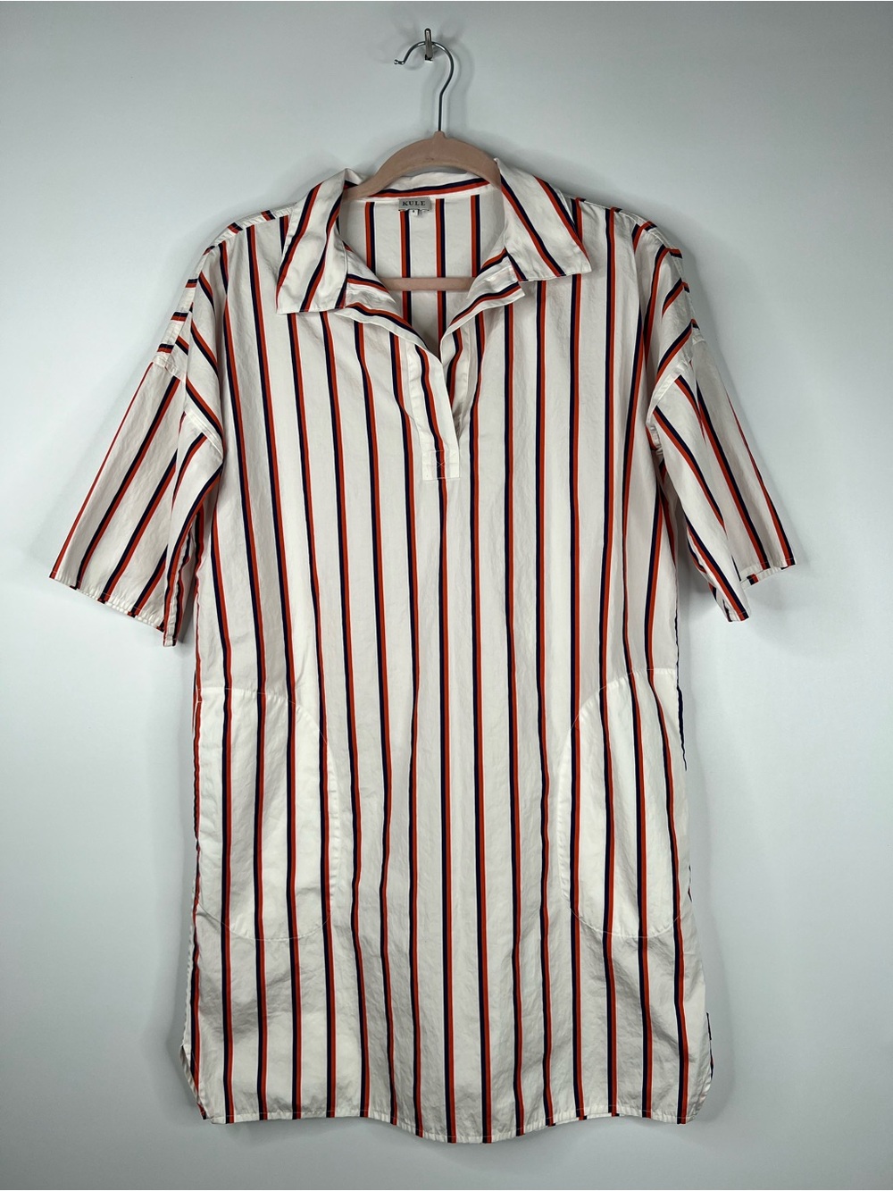KULE Izzy Shirt Dress Red Navy White Stripe Mini Relaxed Pockets Preppy Small